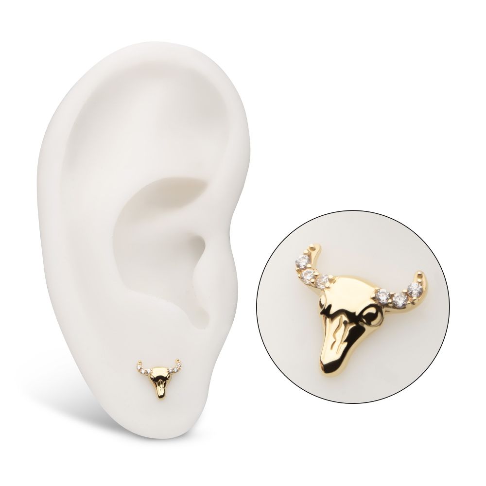 14Kt Yellow Gold Threadless 2D Steer Head Top with Prong Set Gem