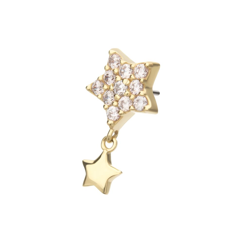 14Kt Yellow Gold Threadless Pave Gem Star Top with Gold Star Dangle