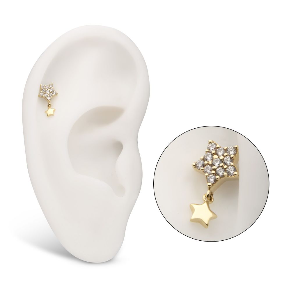 14Kt Yellow Gold Threadless Pave Gem Star Top with Gold Star Dangle