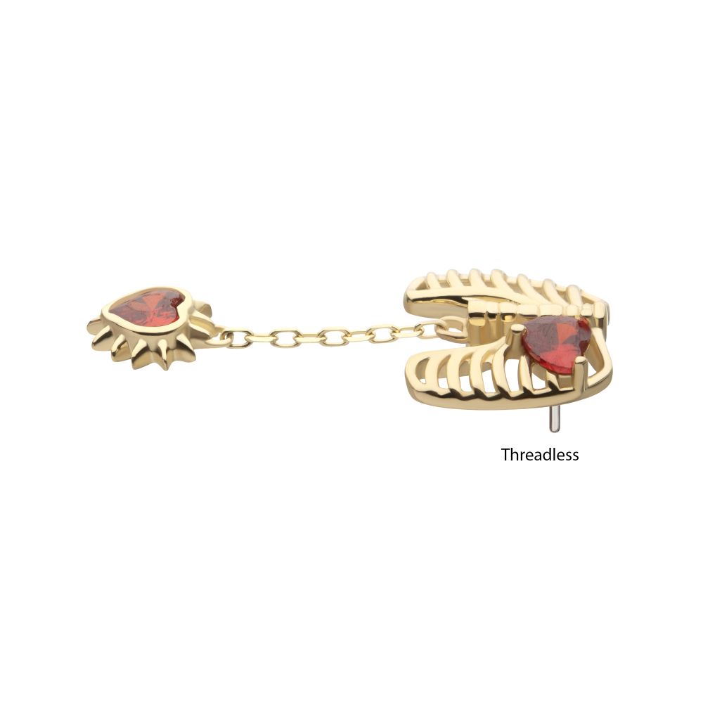14Kt Yellow Gold Threadless Prong Set Heart Gem Rib Cage Top with Spike Heart Dangle
