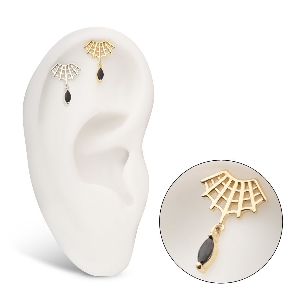 14Kt Gold Threadless Fan Shape Spiderweb Top with Black Marquise Gem Dangle