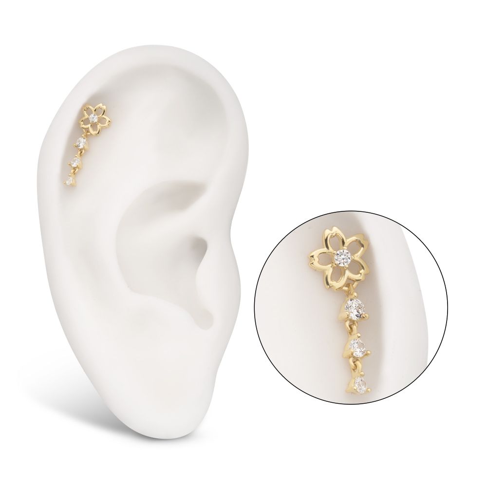 14Kt Yellow Gold Threadless Cut Out Cherry Blossom Flower Top with Triple Prong Set Gem Dangle