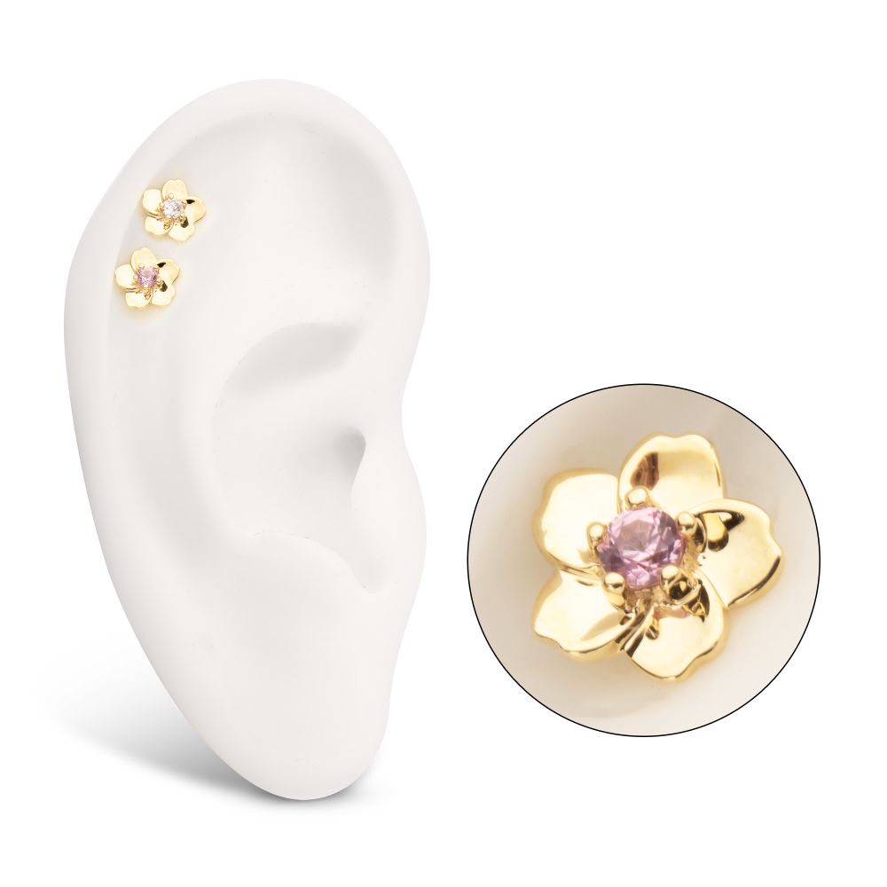 14Kt Yellow Gold Threadless Cherry Blossom Flower Top with Prong Set Gem