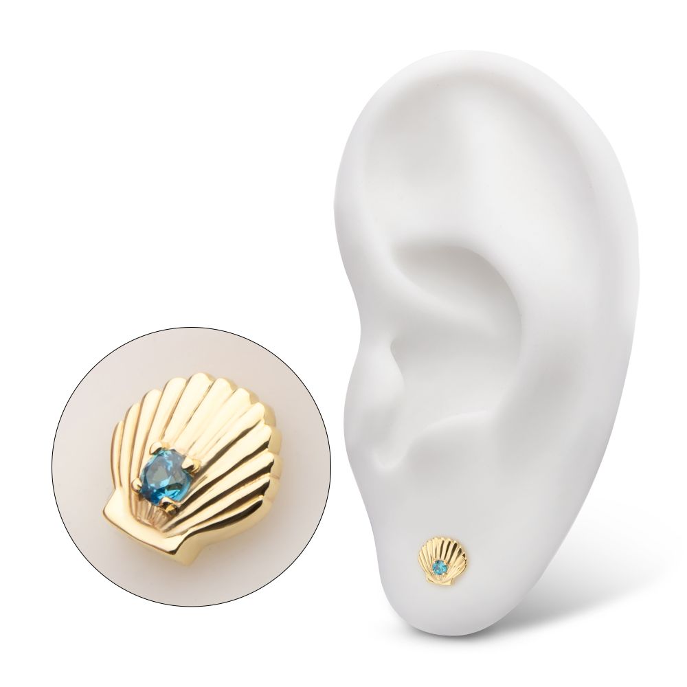 14Kt Yellow Gold Threadless Etched Seashell Top with Prong Set Aqua Gem