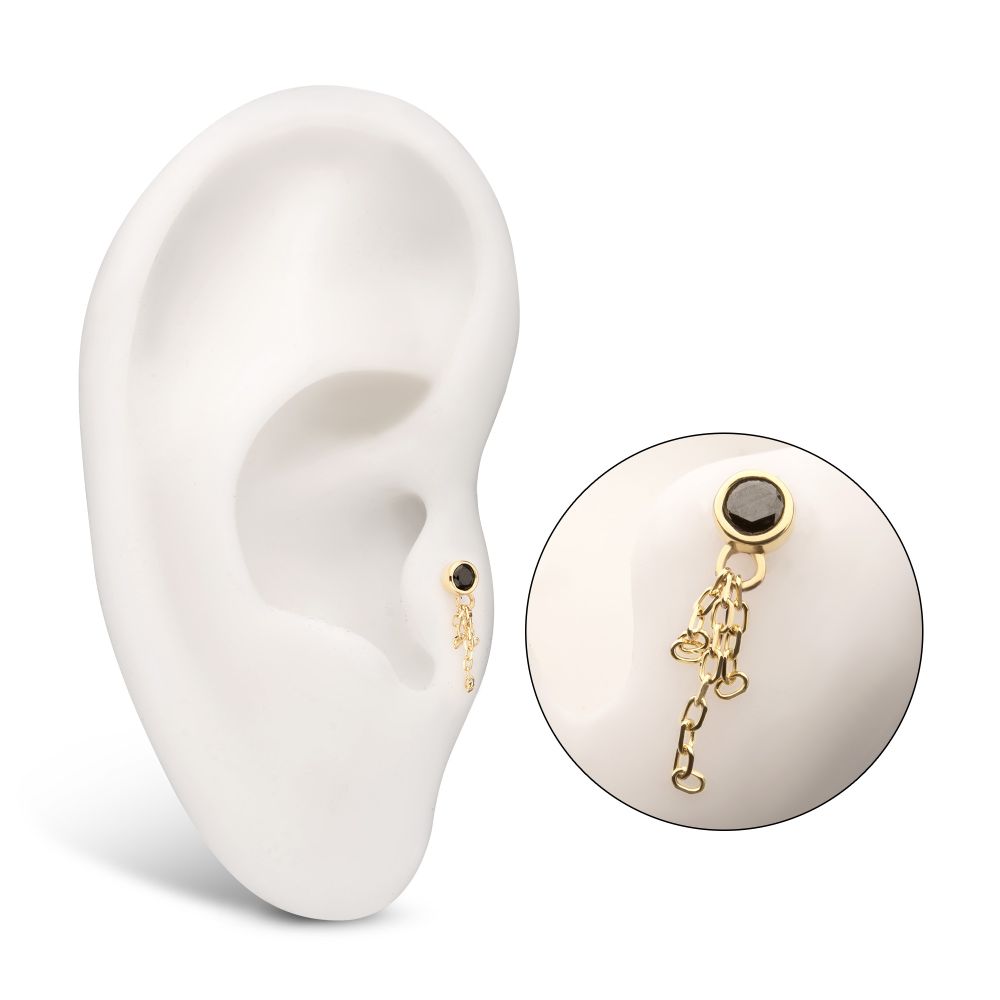 14Kt-Yellow Gold Threadless Bezel Set Gem Top with Triple Dangle Chain