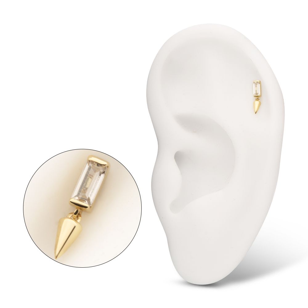 14Kt Gold Threadless Bezel Baguette Gem Top with Spike Dangle