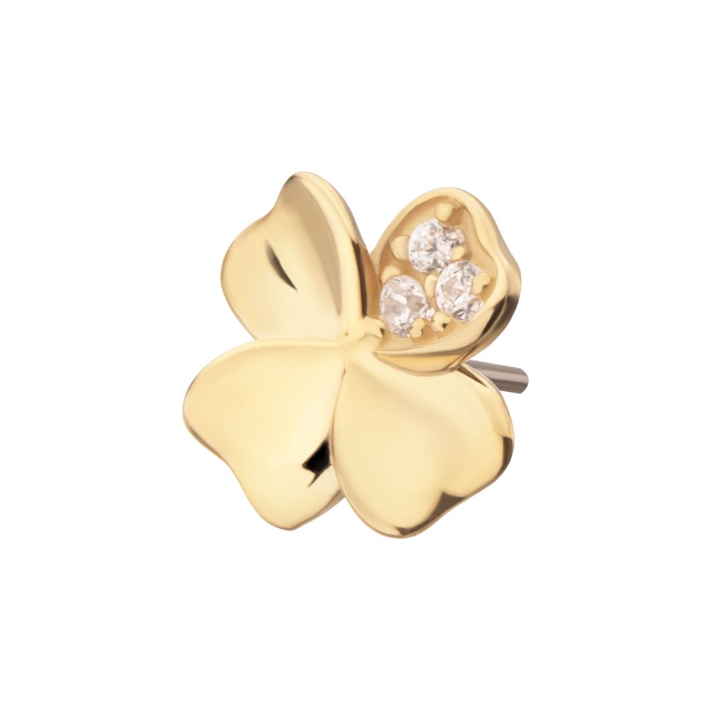14Kt Yellow Gold Threadless 3D Clover Top with Triple CZ Gem