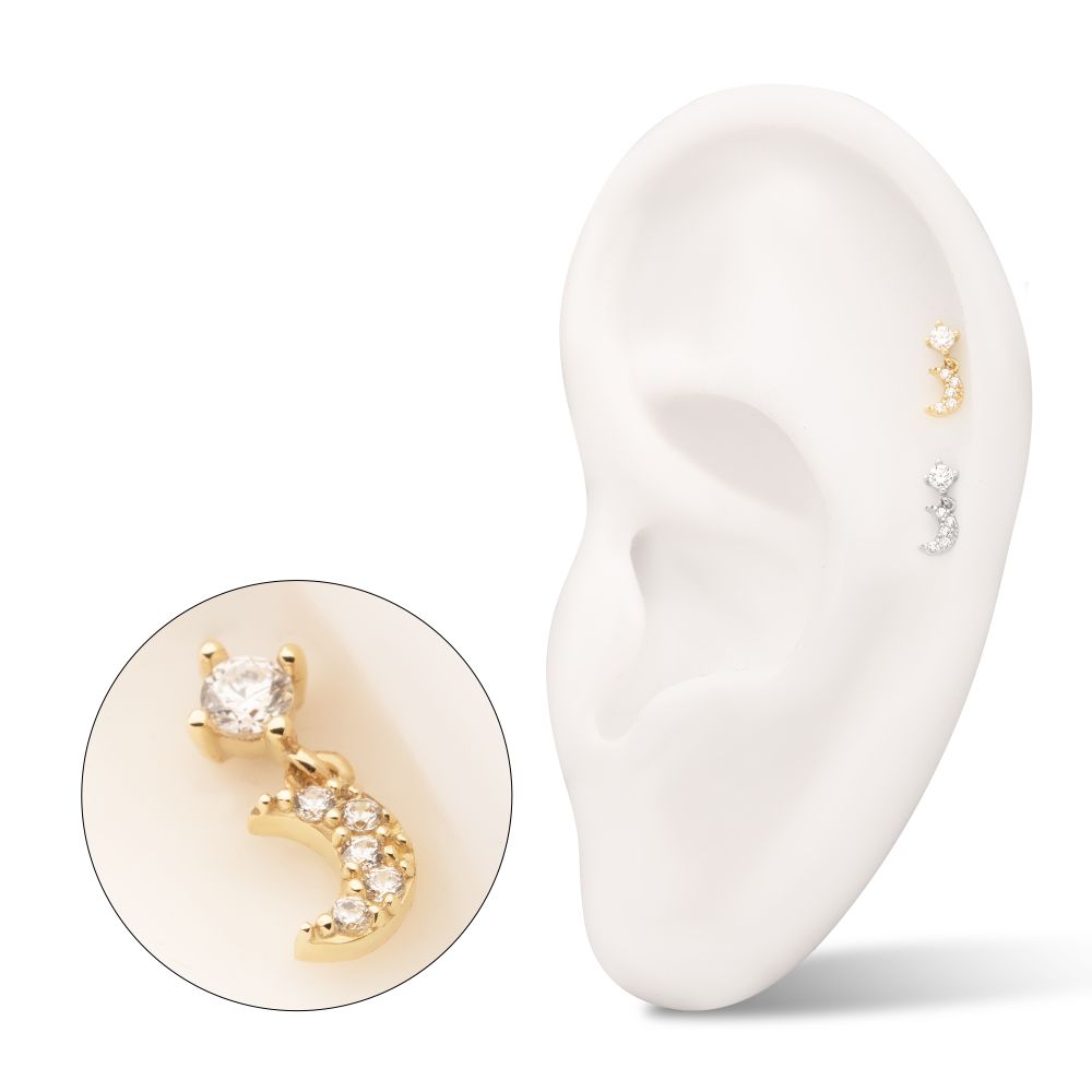 14Kt Gold Threadless 4-Prong CZ 2mm Gem Top with Pave CZ Gem Crescent Moon Dangle