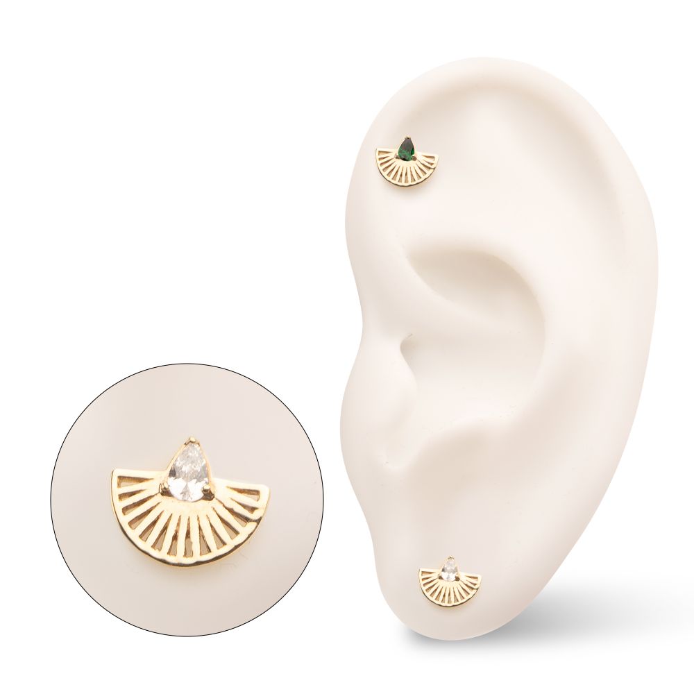 14Kt Yellow Gold Threadless Prong Set Teardrop CZ Gem on a Radiant Fan Shape Top