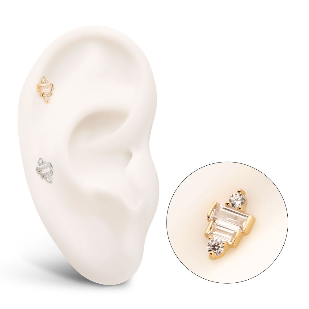 14Kt Gold Threadless 3D Geometric Baguette & Round Gem Top