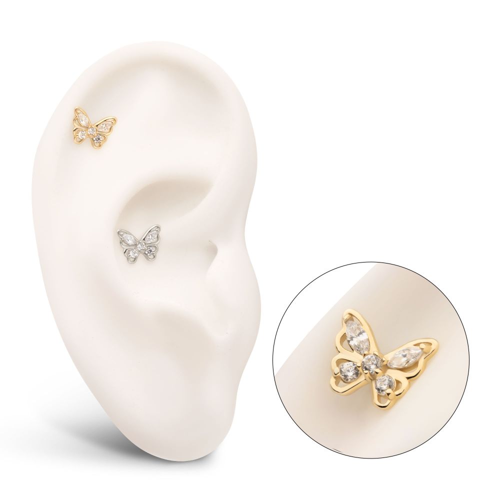 14Kt Gold Threadless 3D Butterfly Round & Marquise Gem Top