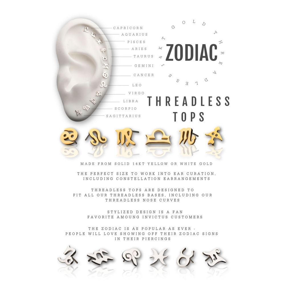 14Kt Yellow Gold Threadless Zodiac Sign Tops