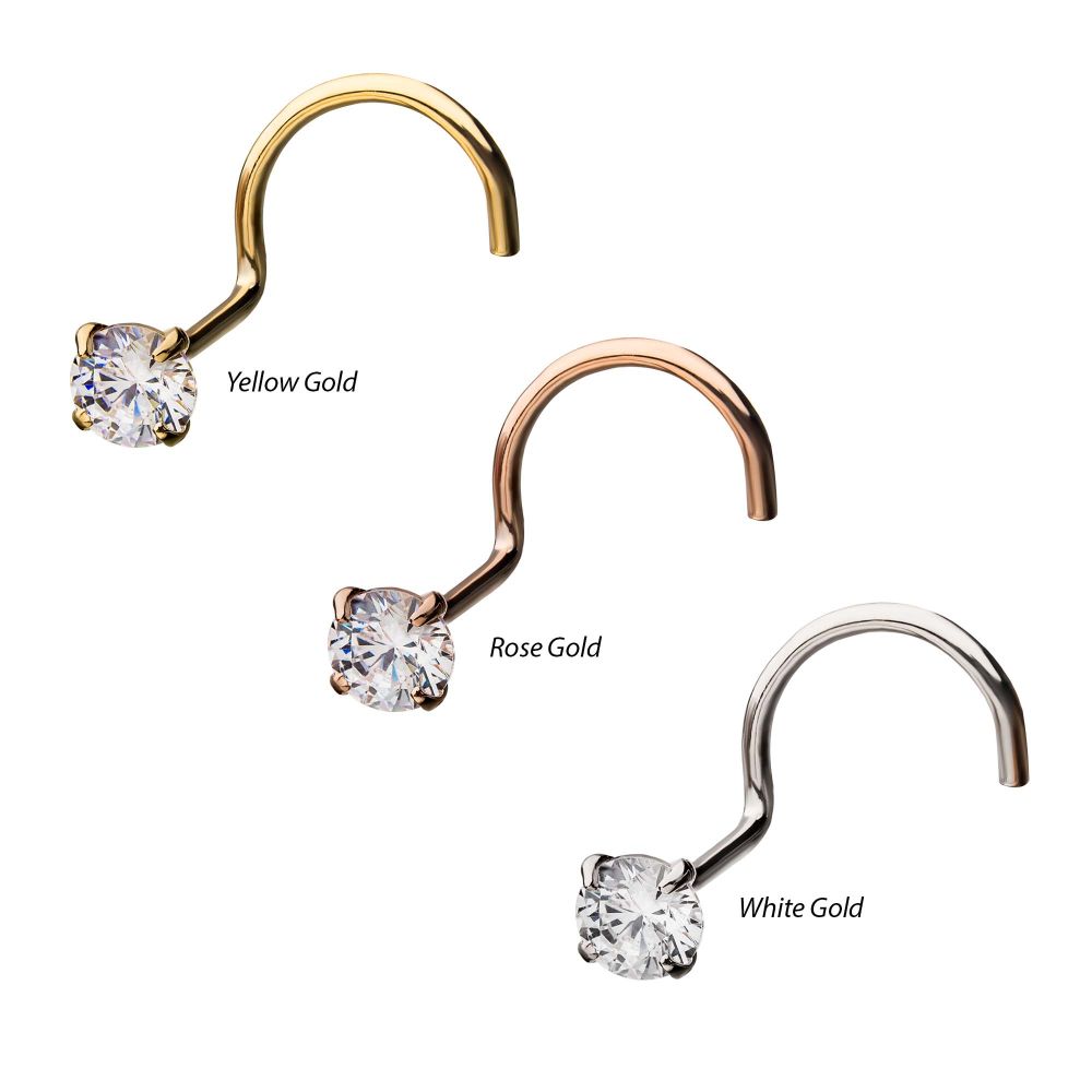 14kt Gold Nose Screw with a 3mm Clear CZ Gem Top