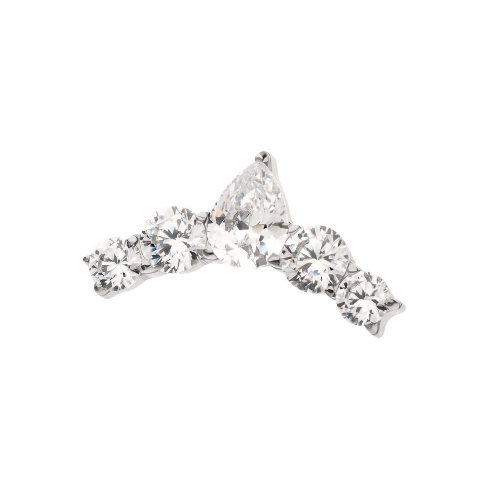 14Kt White Gold Threadless Curved Bar Top with Round & Teadrop Gem Cluster