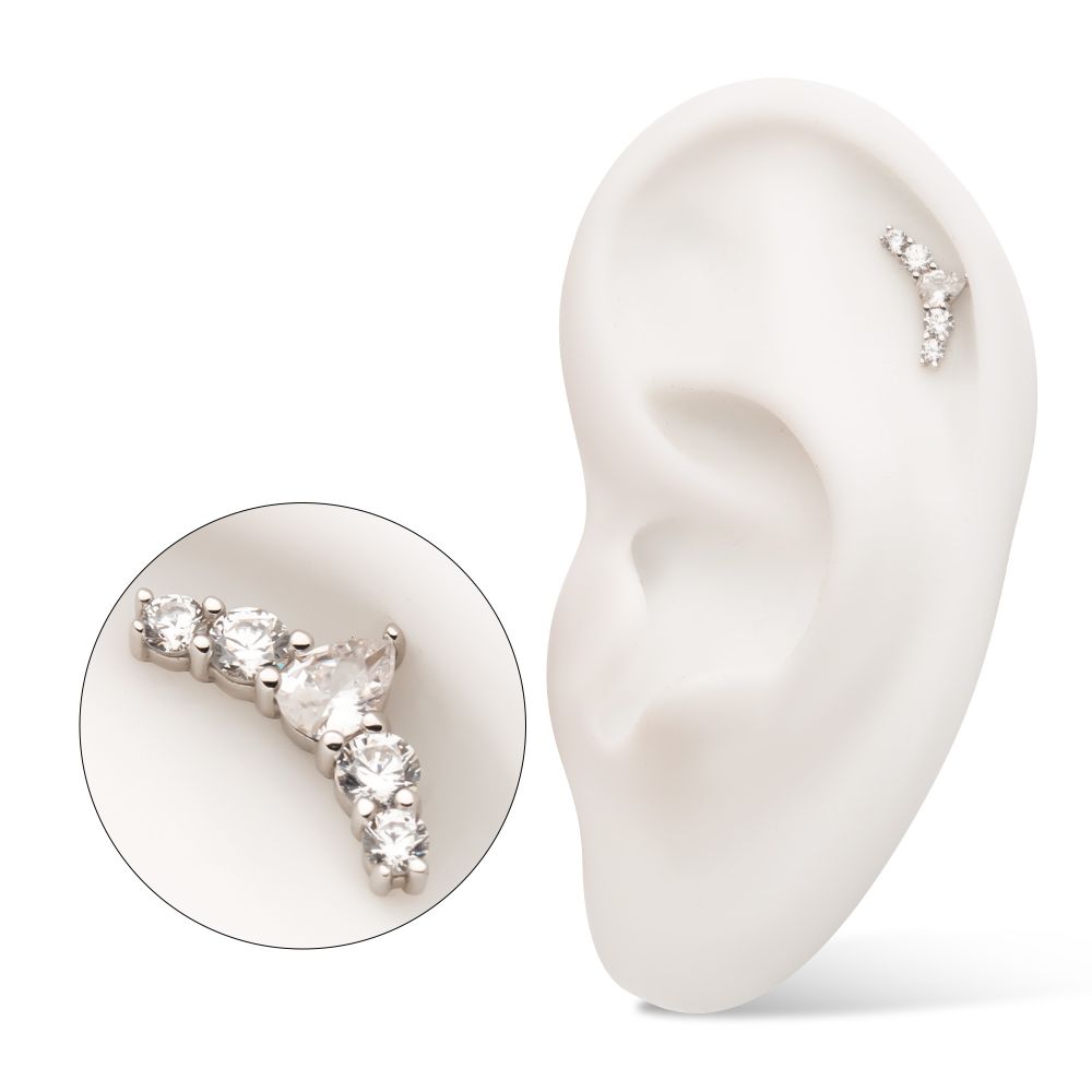 14Kt White Gold Threadless Curved Bar Top with Round & Teadrop Gem Cluster