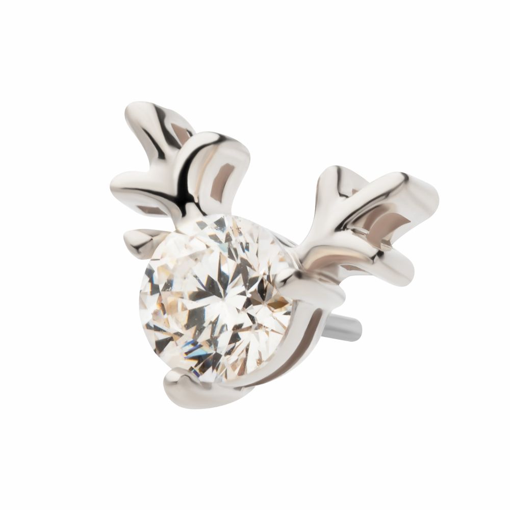 14Kt White Gold Threadless Prong Set 3mm Clear CZ Reindeer Top