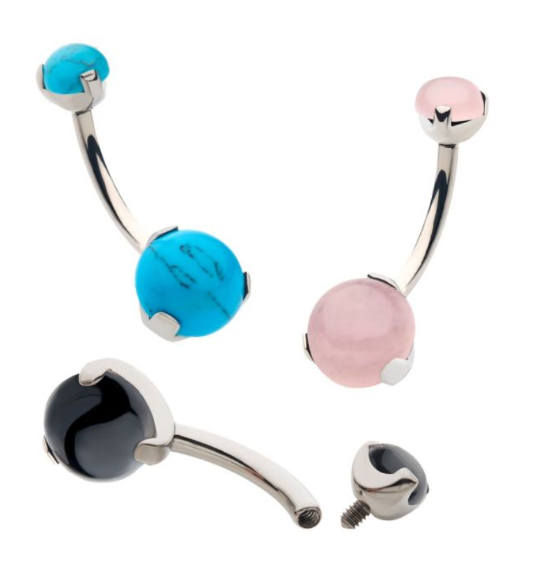 Titanium Internally Threaded with 3 Prong Set Double Stone Fixed Bottom Navel Ring