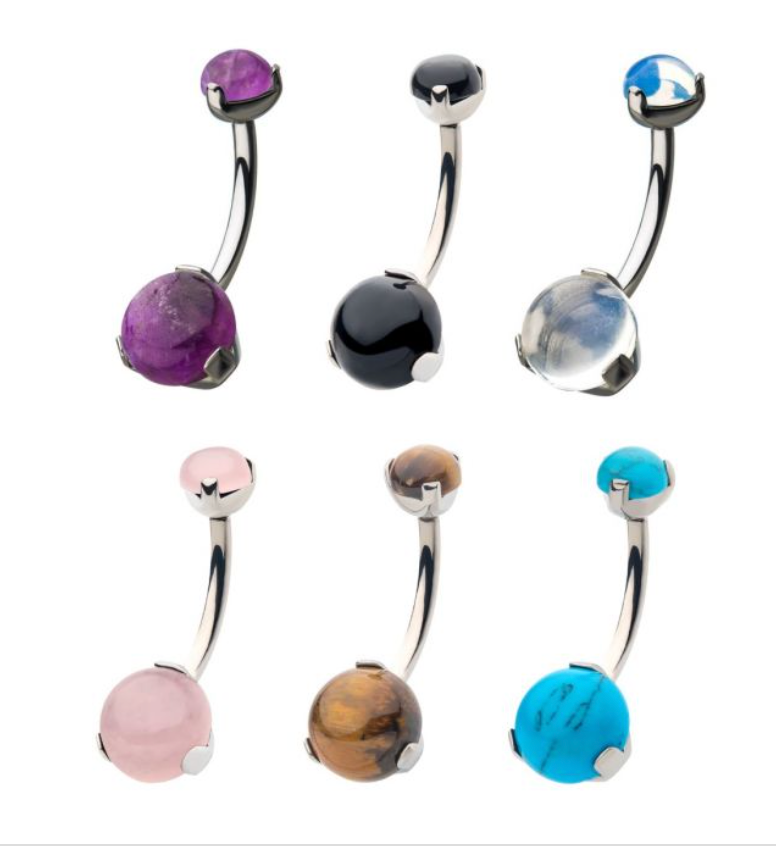 Titanium Internally Threaded with 3 Prong Set Double Stone Fixed Bottom Navel Ring
