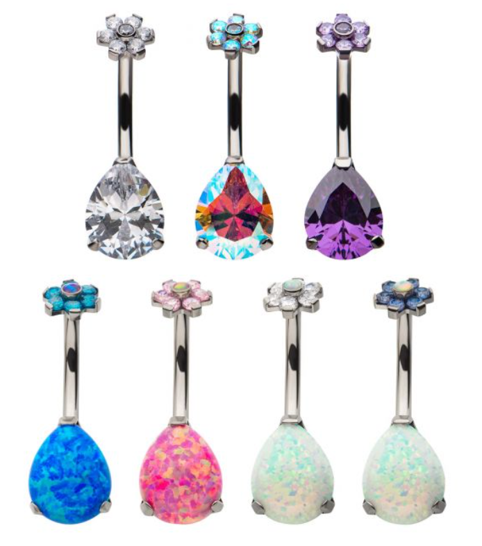 Titanium Internally Threaded AAA CZ & Opal Flower Top Pear Fixed Navel