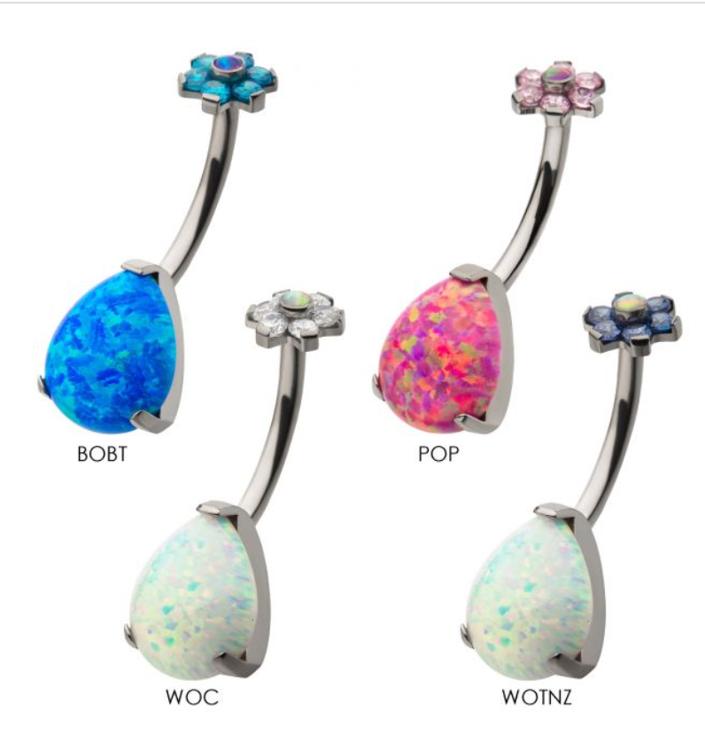Titanium Internally Threaded AAA CZ & Opal Flower Top Pear Fixed Navel