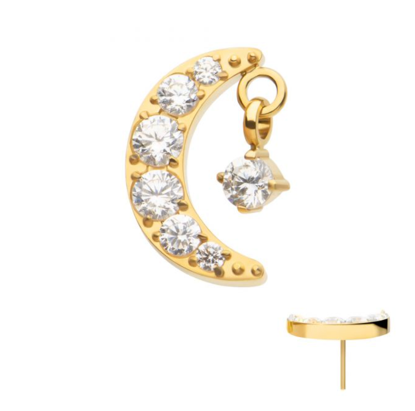 24Kt Gold PVD Titanium Threadless Crescent Moon CZ Top with Dangle Pronged Round