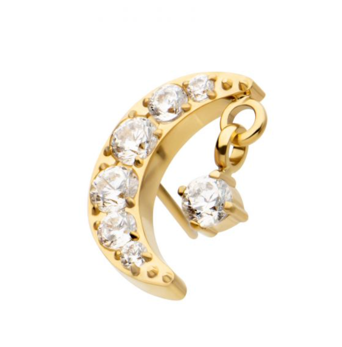 24Kt Gold PVD Titanium Threadless Crescent Moon CZ Top with Dangle Pronged Round