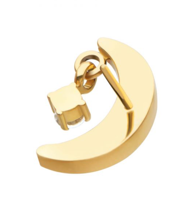 24Kt Gold PVD Titanium Threadless Crescent Moon CZ Top with Dangle Pronged Round