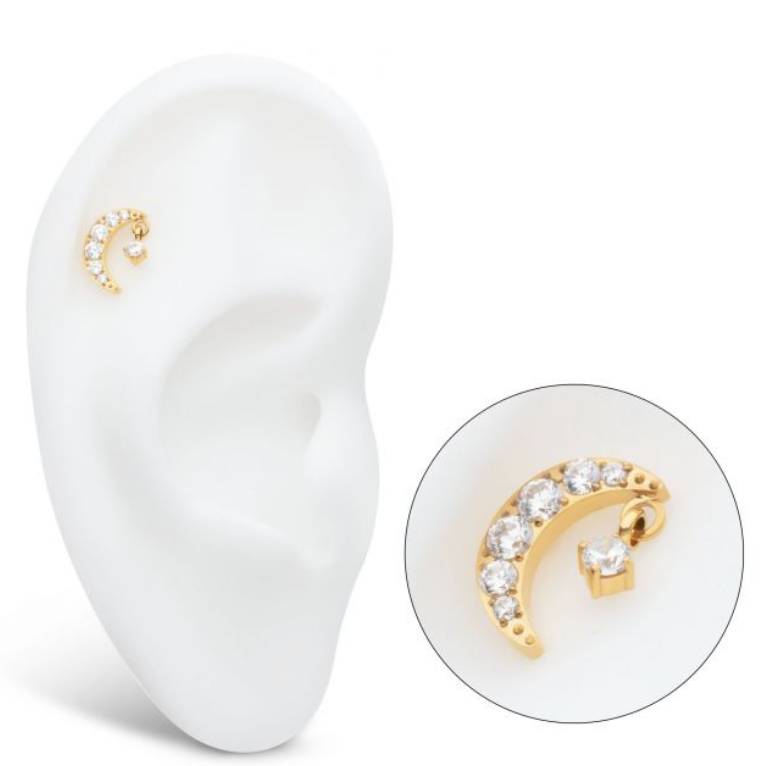24Kt Gold PVD Titanium Threadless Crescent Moon CZ Top with Dangle Pronged Round