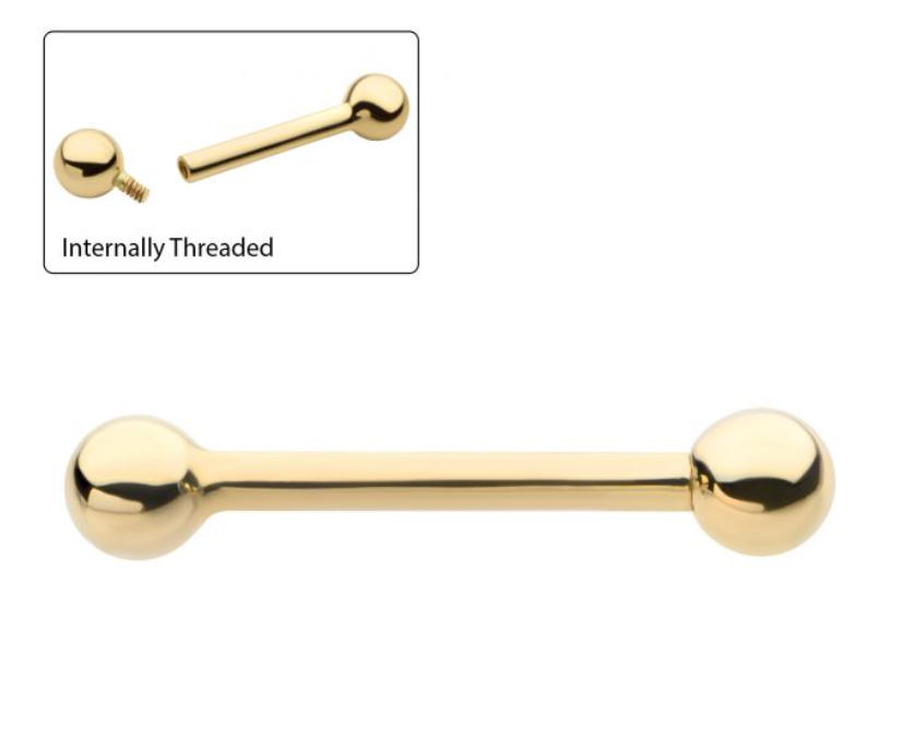 14Kt Yellow Gold Straight Barbell with One Side Internally Threaded and One Side Fixed Ball End