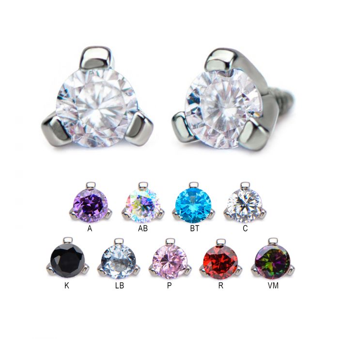 STERILIZED 16g Titanium Internally Threaded Top with Prong set CZ Gem