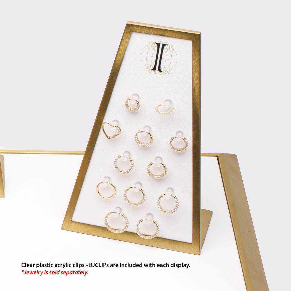 Satin Brass Frame on White Leatherette with 12-BJ Clip Hole Empty Display for 14Kt Gold Jewelry