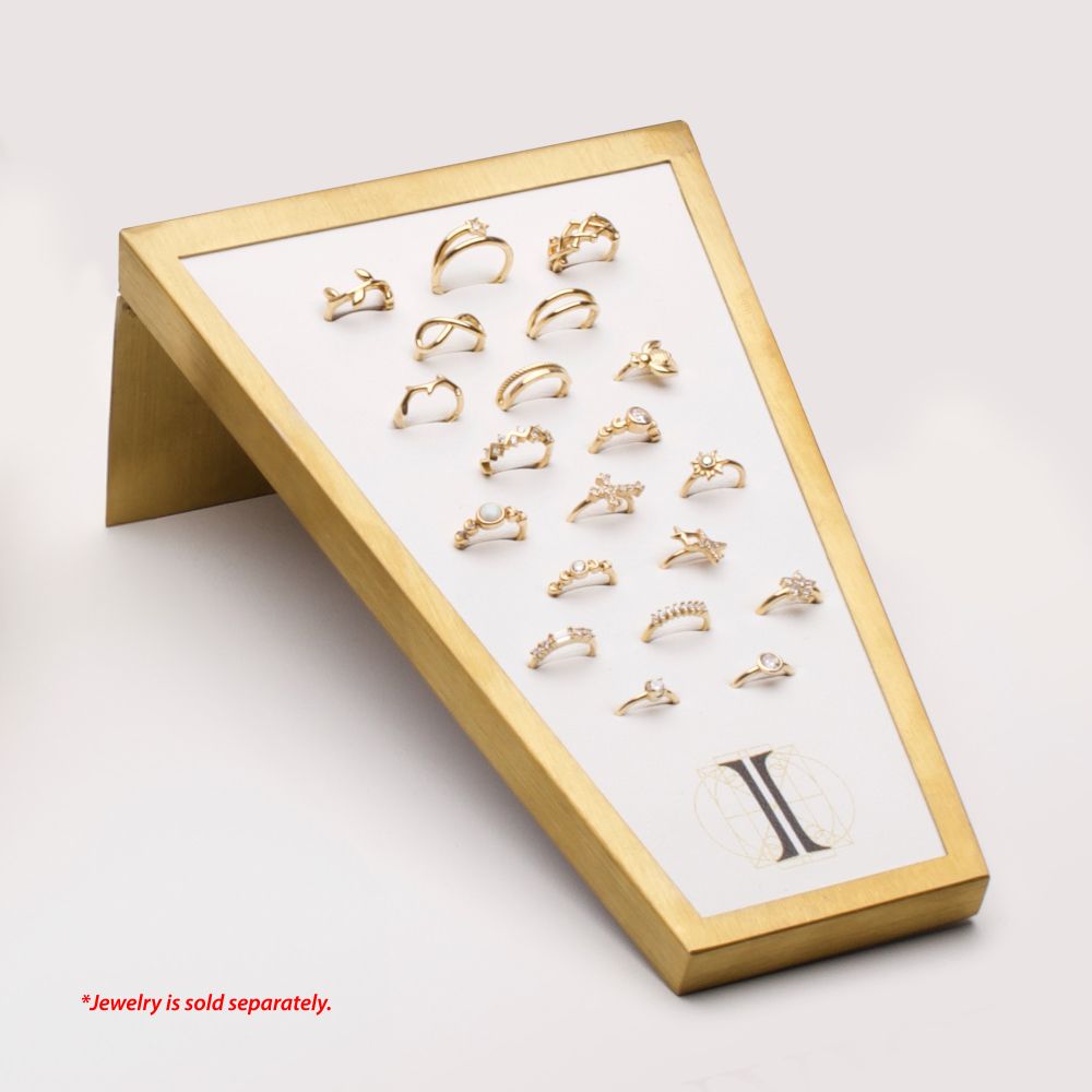 Satin Brass Frame on White Leatherette with 20-H Hole Empty Display for 14Kt Gold Side Facing Hinged Segment Clickers
