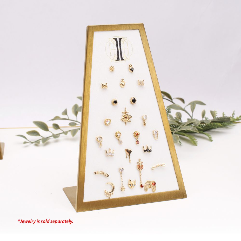 Satin Brass Frame on White Leatherette with 24-Pin Hole Empty Display for 14Kt Gold Threadless Tops
