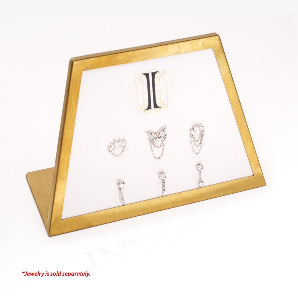Satin Brass Frame on White Leatherette with 6-Pin Hole Empty Display for 14Kt Gold Threadless Tops