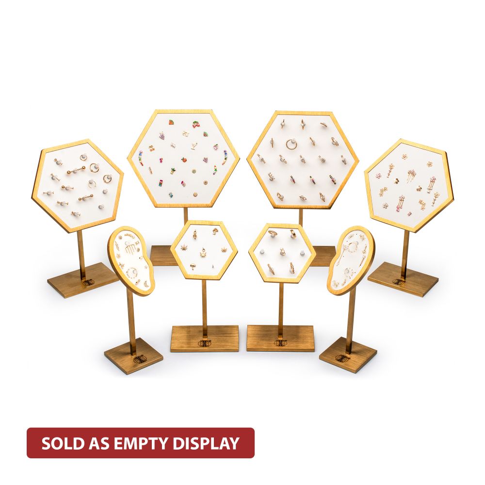 Satin Brass Hexagonal Frame on White Leatherette with 7-BJ Clip Hole Empty Display Stand for 14Kt Gold Jewelry