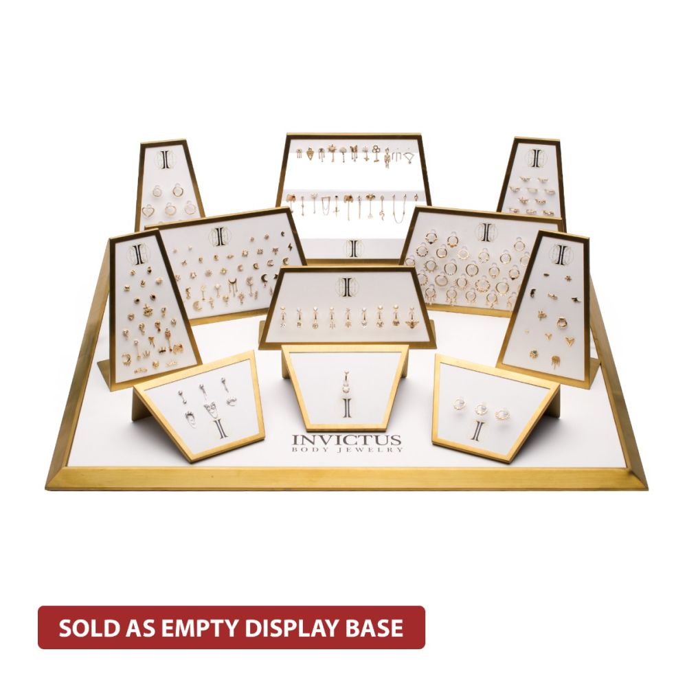 Satin Brass Frame on White Leatherette with 23-Pin Hole for Dangles Empty Display