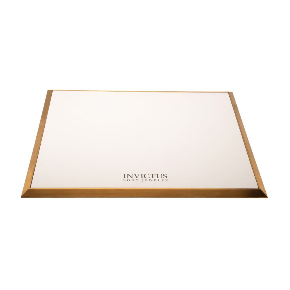 Satin Brass Frame on White Leatherette with Empty Display Base