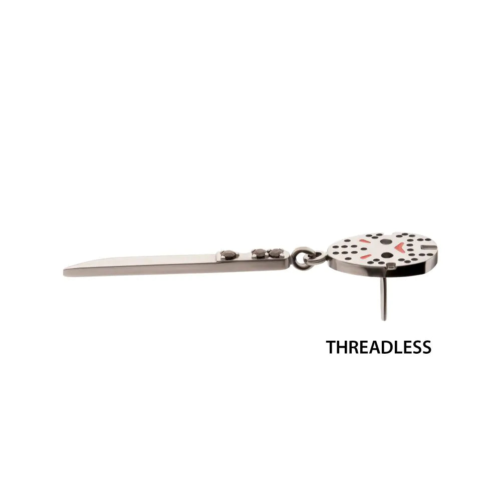 Titanium Threadless Enamel Friday The 13th Jason Mask Top with Black Gem Knife Dangle