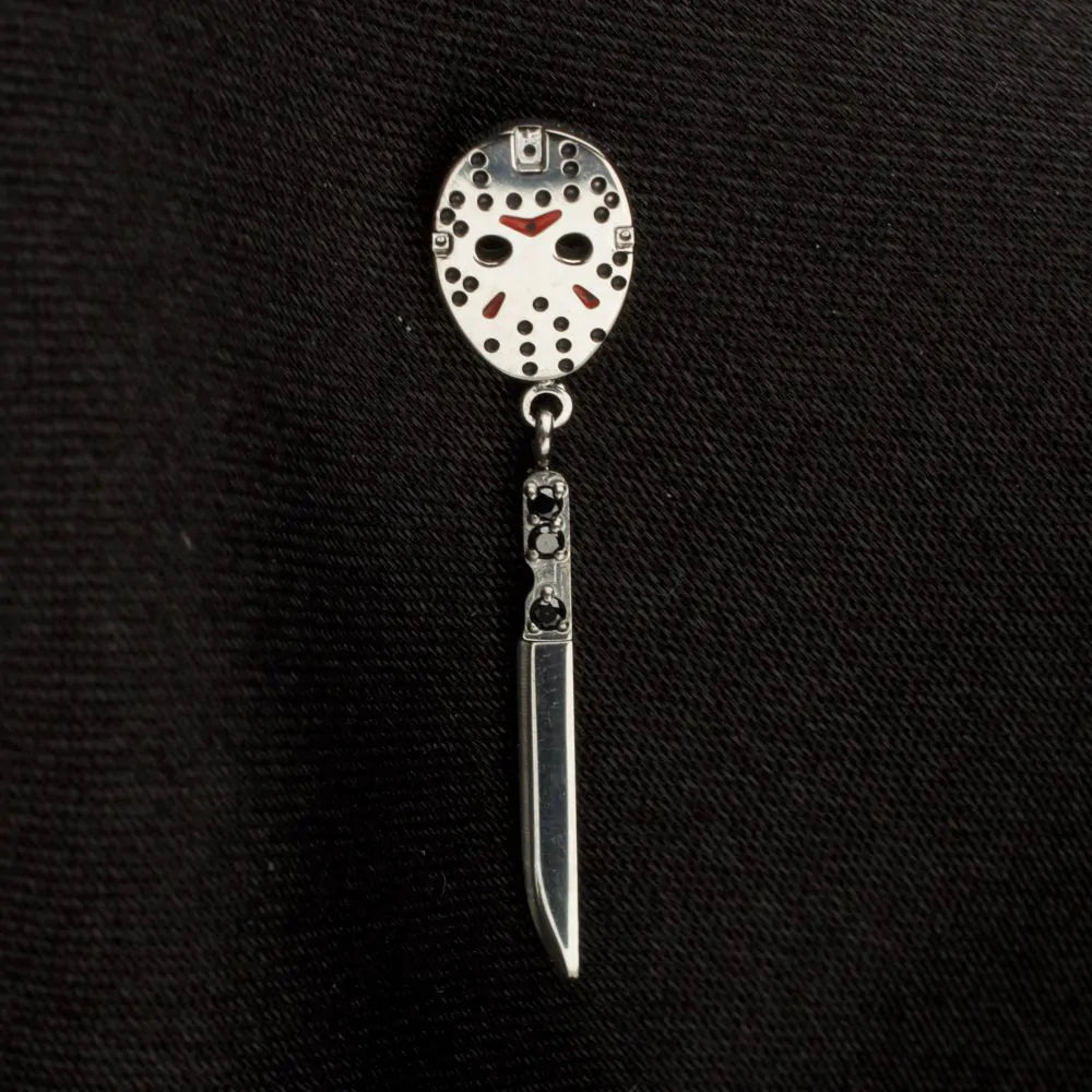 Titanium Threadless Enamel Friday The 13th Jason Mask Top with Black Gem Knife Dangle