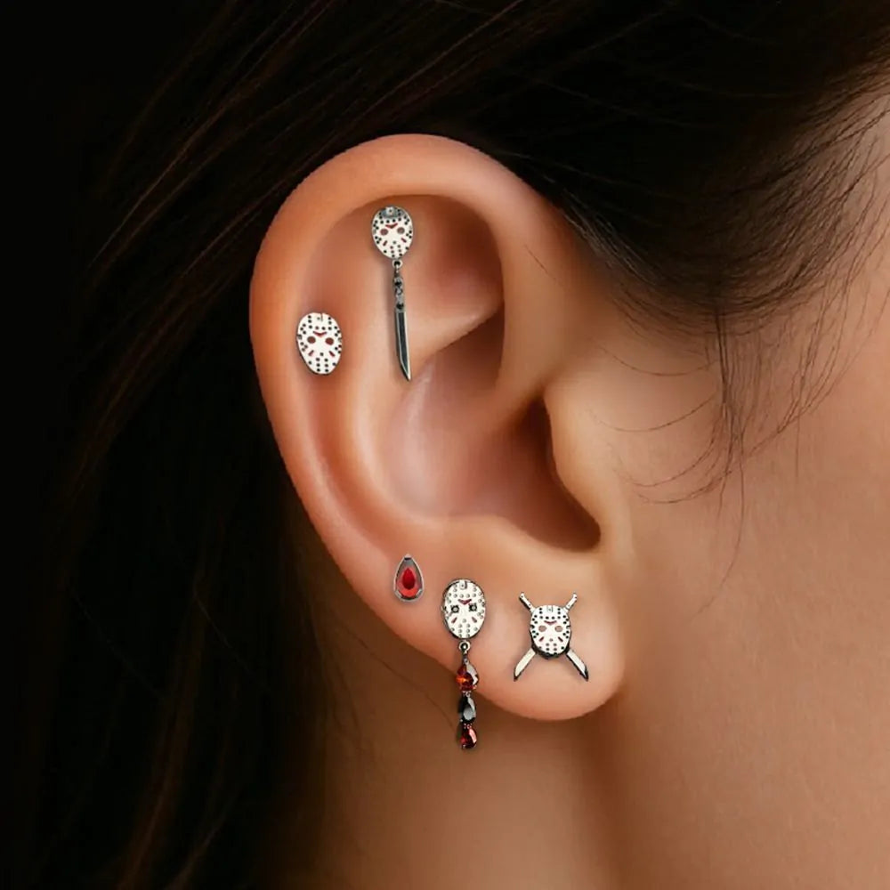 Titanium Threadless Enamel Friday The 13th Jason Mask Top with Black Gem Knife Dangle