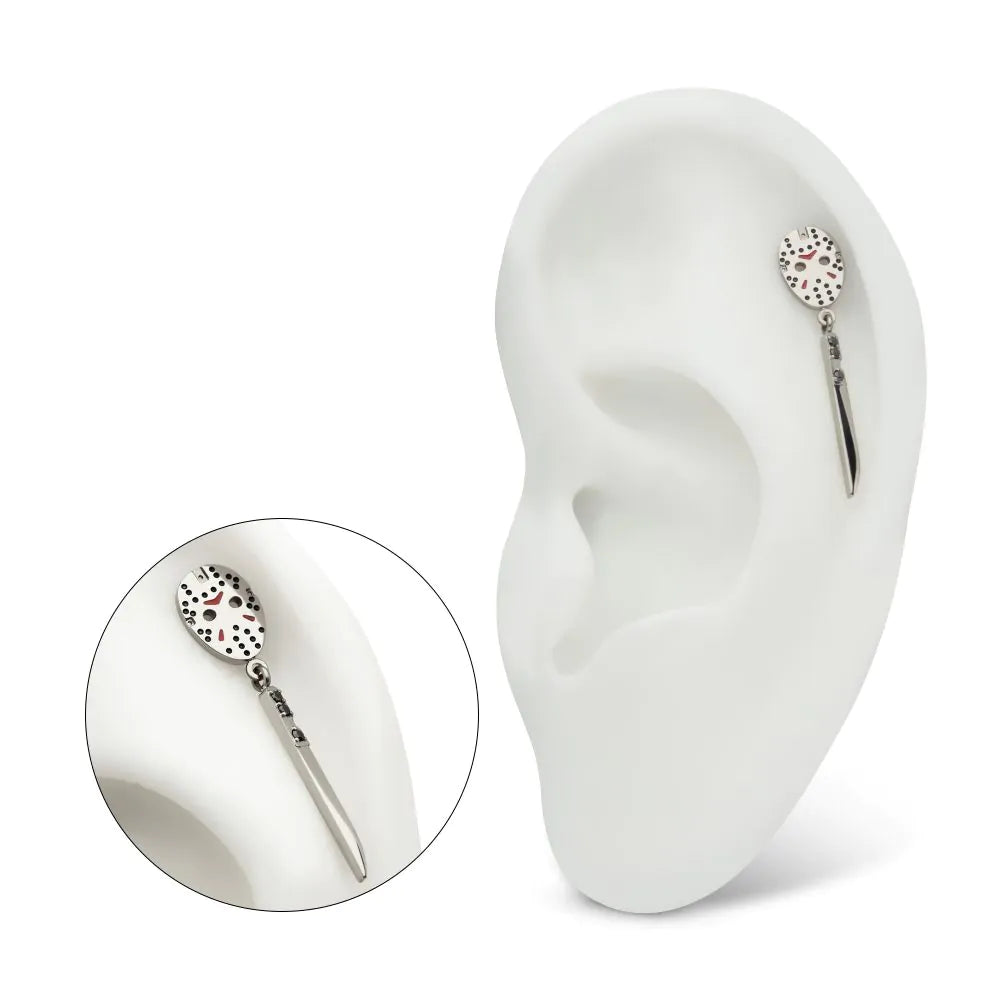 Titanium Threadless Enamel Friday The 13th Jason Mask Top with Black Gem Knife Dangle