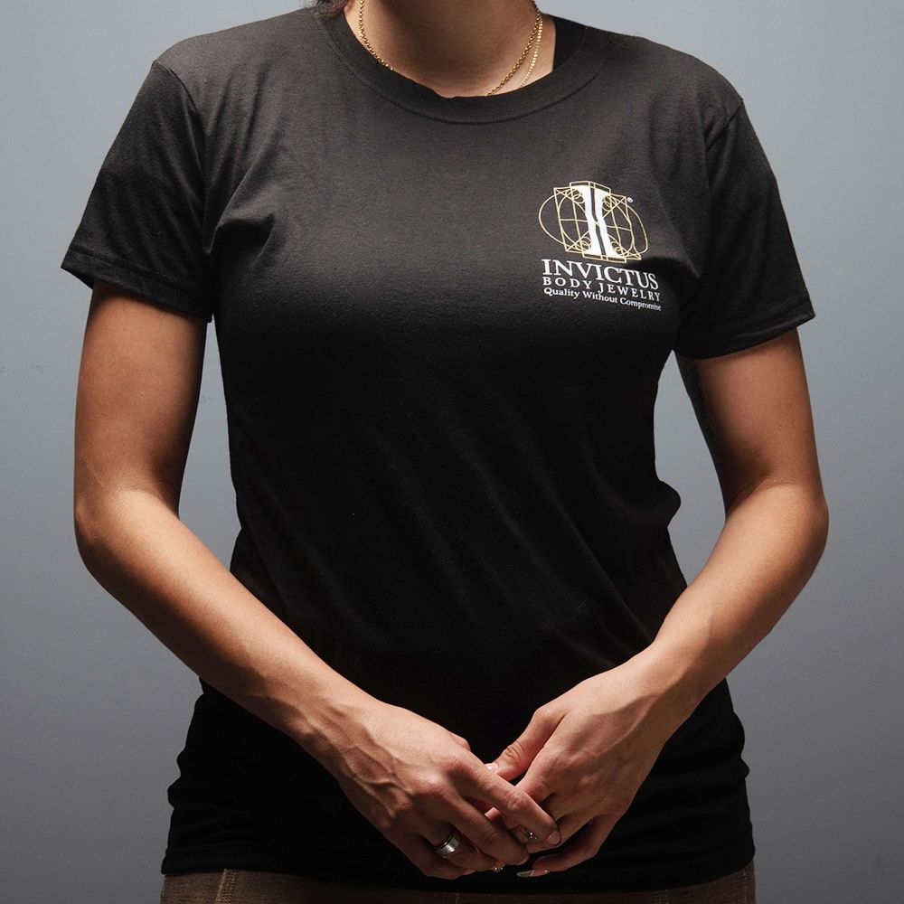 Women's Soft Cotton T-Shirt with Invictus Logo on front and an Ear Piercing Diagram at the back