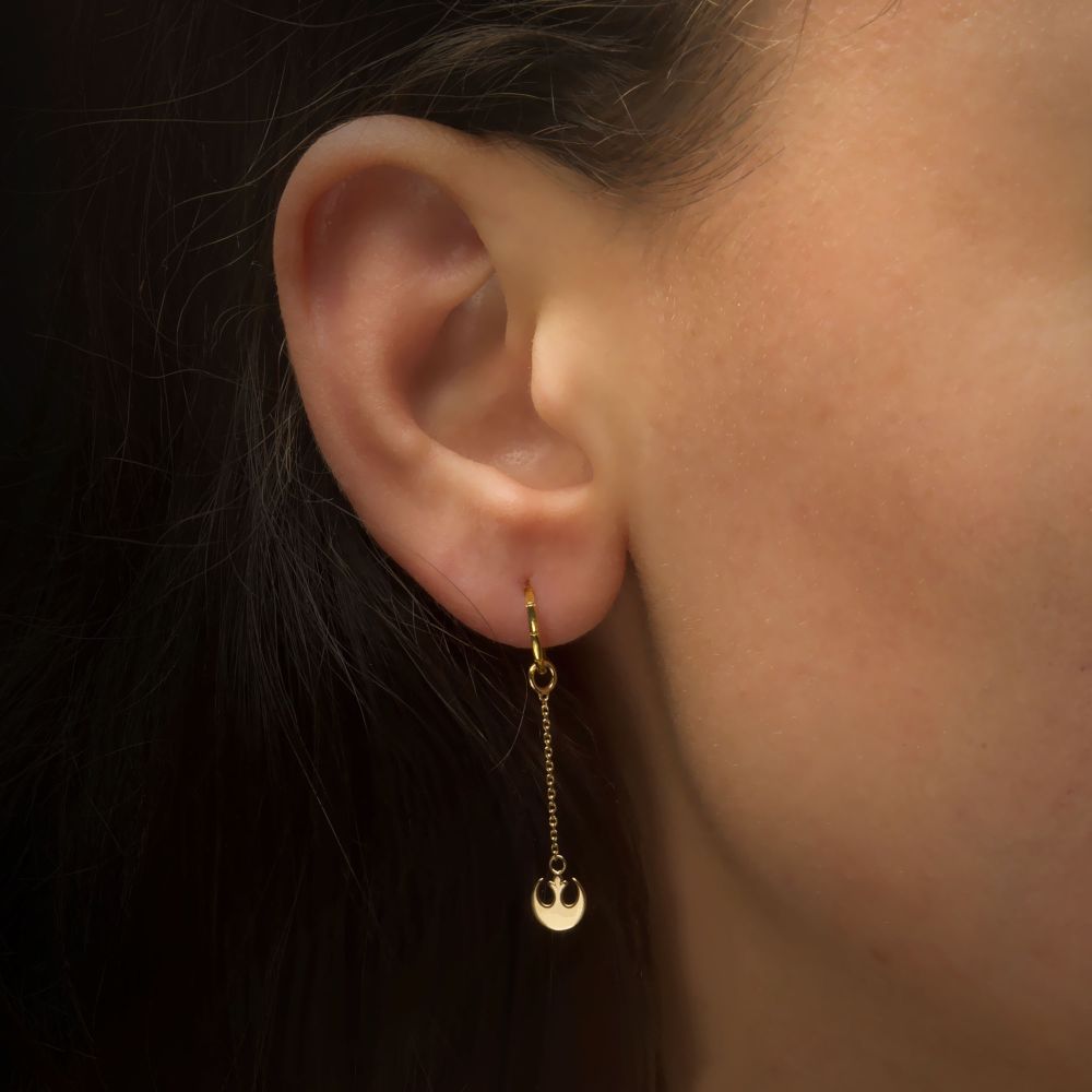 14Kt Yellow Gold Star Wars Rebel Symbol Dangle Chain Earrings Charm