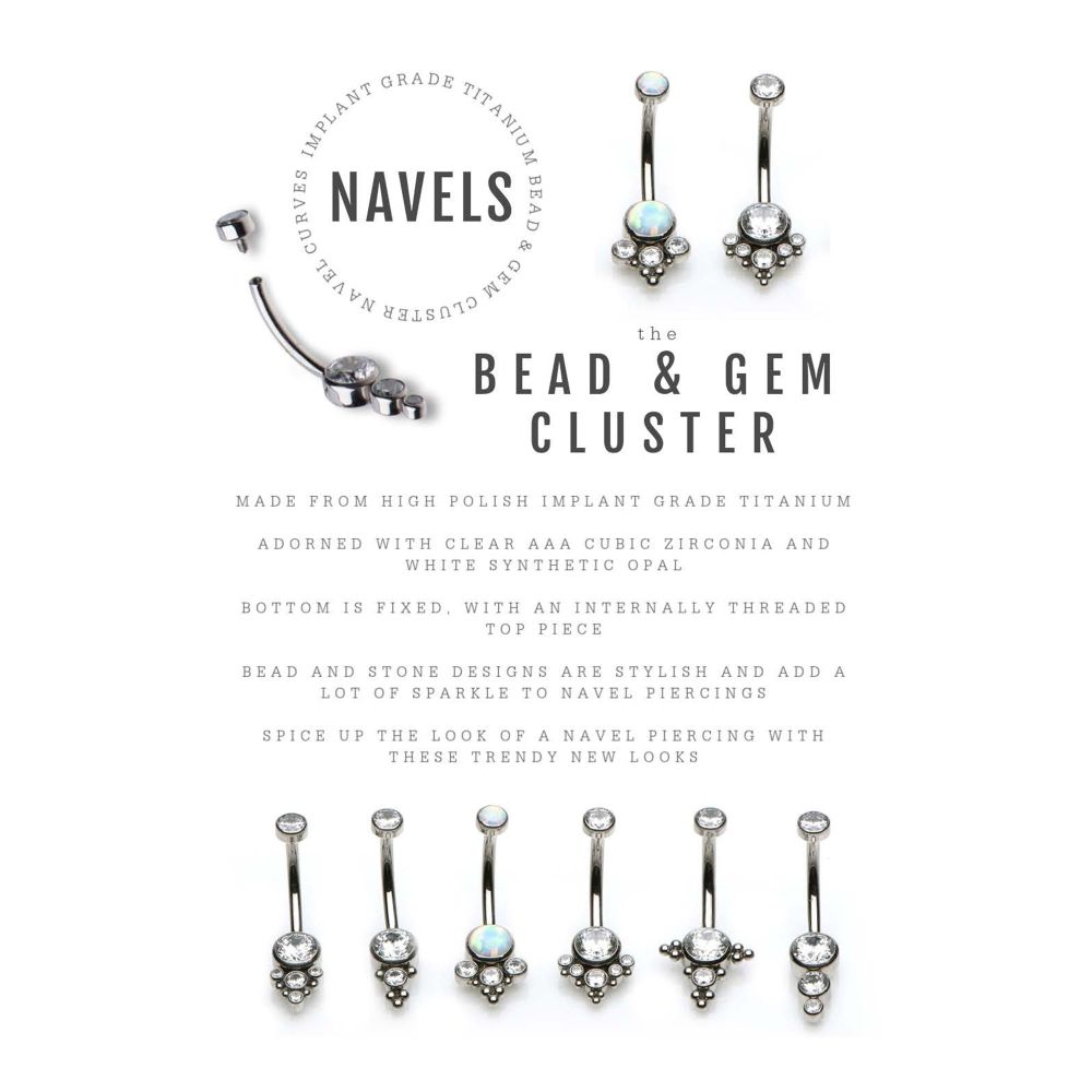 Titanium Internally Threaded with Tri Bead Bezel Set CZ Cluster Navel Curve