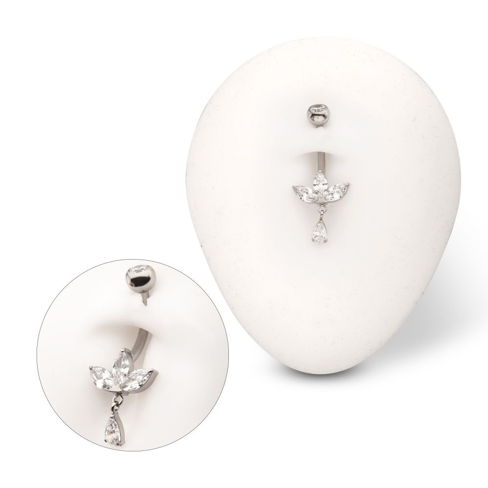 Titanium Internally Threaded Triple Marquise Gem Fan Navel with Floating Teardrop Gem Dangle