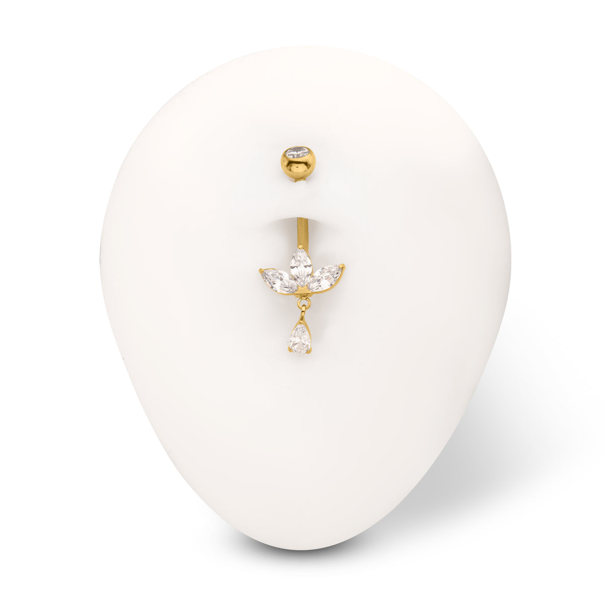 24kt Gold PVD Titanium Internally Threaded Triple Marquise Gem Fan Navel with Floating Teardrop Gem Dangle