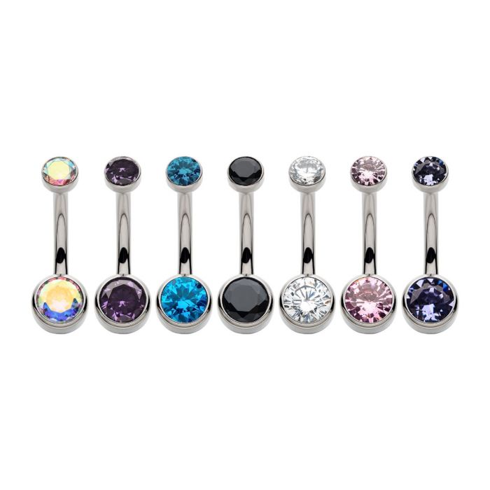 STERILIZED Titanium Internally Threaded with Bezel Set Double CZ Smooth Rounded Back Fixed Bottom Navel Ring