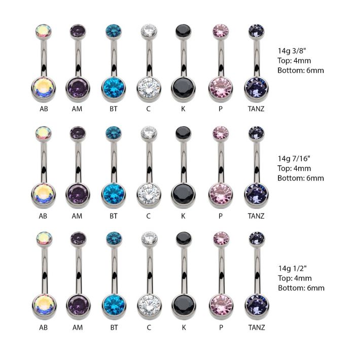 STERILIZED Titanium Internally Threaded with Bezel Set Double CZ Smooth Rounded Back Fixed Bottom Navel Ring