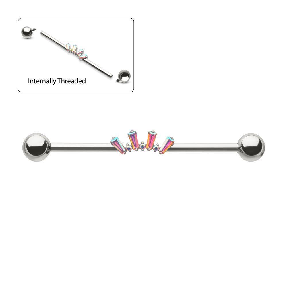 Titanium Internally Threaded Alternating Round & Baguette Prong Set Gem Cluster with Ball End Industrial Barbell