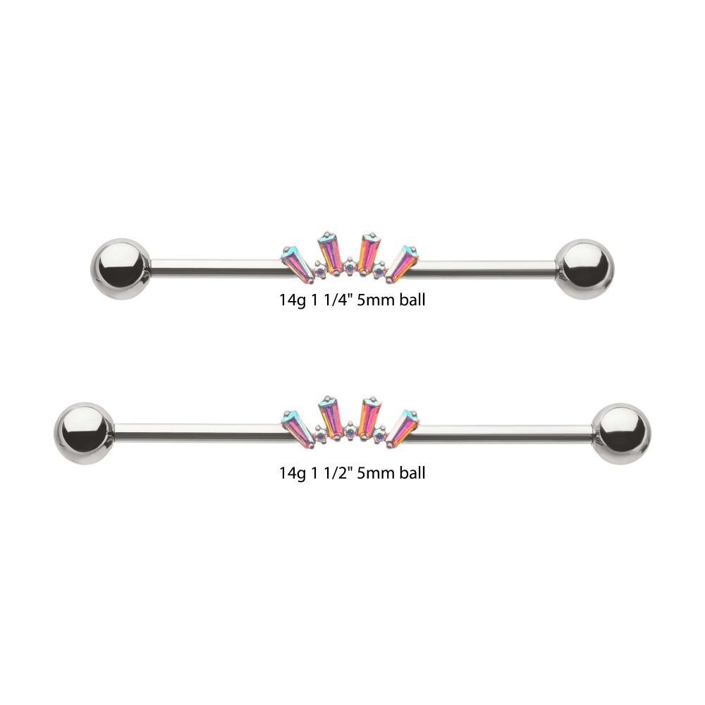 Titanium Internally Threaded Alternating Round & Baguette Prong Set Gem Cluster with Ball End Industrial Barbell